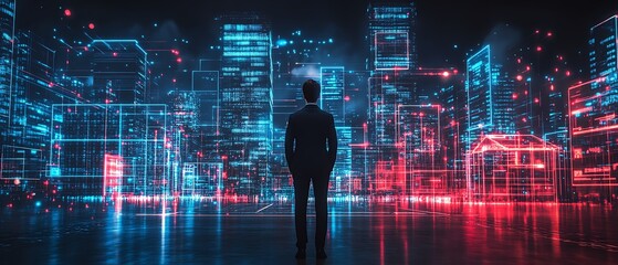 Aufkleber - Immersive futuristic real estate concept a businessman unveiling holographic houses with dynamic smart technology, vibrant lighting, and a futuristic city skyline