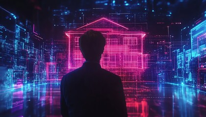 Aufkleber - Innovative businessman demonstrating holographic houses and IoT integrations, surrounded by sleek, modern digital interfaces and vibrant futuristic lighting