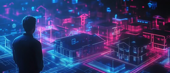 Aufkleber - Interactive holographic real estate display with glowing houses, IoTconnected devices, and a techforward businessman leading the presentation