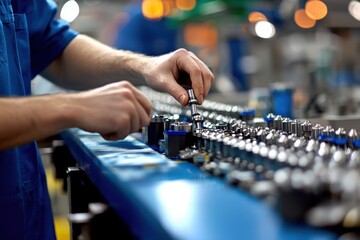 Poster - Technician Fixing Machine Components by Tightening Bolts on Assembly Line with Precision Tools in Industrial Factory Setting