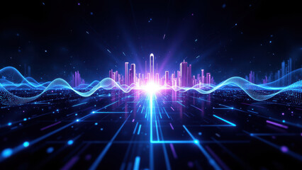 Wall Mural - Dynamic abstract high-tech background with glowing cityscape, digital grid, and bright lights.