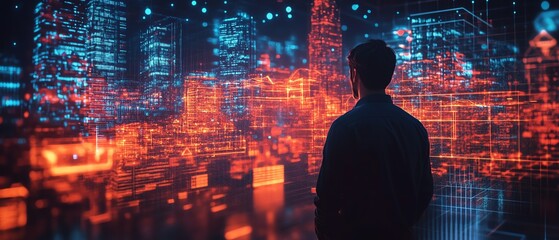 Aufkleber - Visionary businessman presenting virtual real estate with glowing holographic houses, advanced IoT technology displays, and a futuristic digital environment