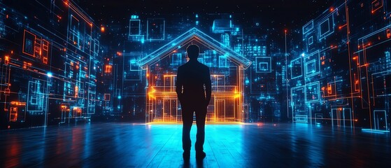 Aufkleber - Visionary businessman presenting virtual real estate with glowing holographic houses, advanced IoT technology displays, and a futuristic digital environment