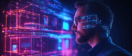 Poster - A confident professional presenting holographic home projections with vibrant smart technology, hightech digital graphics, and futuristic neon lighting
