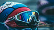© Shahid - Swimmer head close up, swim goggles generated.AI