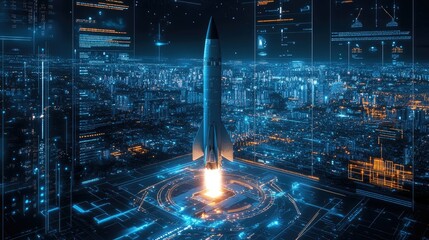 Poster - A digital projection showing the interface of a missile system on a futuristic city map, used for strategic military planning and intelligence analysis