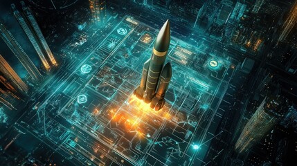 Poster - A digital projection showing the interface of a missile system on a futuristic city map, used for strategic military planning and intelligence analysis