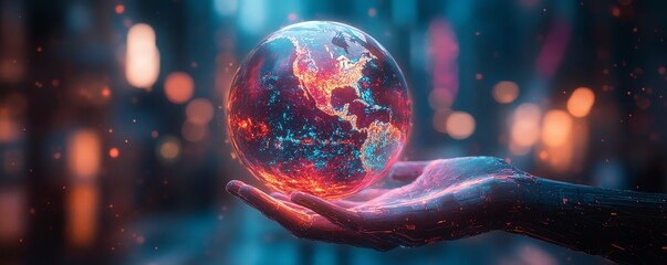 Aufkleber - Futuristic Earth hologram hovering over a hand, glowing with neon colors and a cyberpunk vibe, rendered in hyperrealistic 3D style