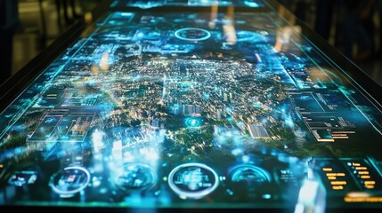 Poster - A holographic display of a missile system advanced interface projected above a detailed city map, showcasing futuristic military technology for strategic analysis
