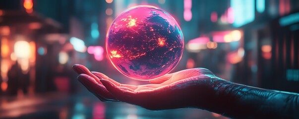 Leinwandbilder - Glowing Earth hologram floating above a hand, captured in hyperrealistic 3D with neon colors and a bold cyberpunk aesthetic