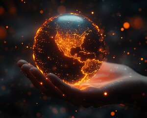Leinwandbilder - Hyperrealistic 3D rendering of a glowing Earth hologram floating above a hand, enhanced with neon colors and a cyberpunk aesthetic