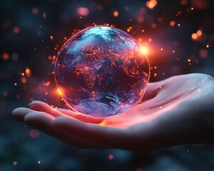 Leinwandbilder - Hyperrealistic 3D rendering of a glowing Earth hologram floating above a hand, enhanced with neon colors and a cyberpunk aesthetic