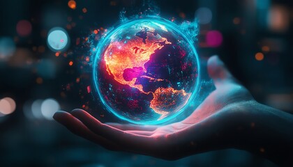 Aufkleber - Hyperrealistic holographic Earth glowing in neon colors, floating above a hand, surrounded by a cyberpunkinspired futuristic atmosphere
