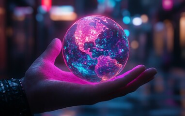 Leinwandbilder - Realistic 3D rendering of a neon Earth hologram above a hand, with cyberpunk aesthetics and glowing colors creating a hightech visual impact