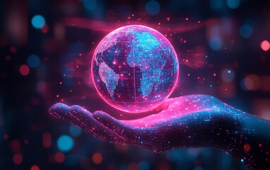 Leinwandbilder - Realistic 3D rendering of a neon Earth hologram above a hand, with cyberpunk aesthetics and glowing colors creating a hightech visual impact