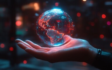 Leinwandbilder - Realistic 3D rendering of a neon Earth hologram above a hand, with cyberpunk aesthetics and glowing colors creating a hightech visual impact
