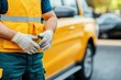 © Ketobox - Safety Technician Inspecting Vehicle Brakes with Proper Gear in Bright Yellow Vest, Preparing for Service Task on Sunny Day in Urban Setting