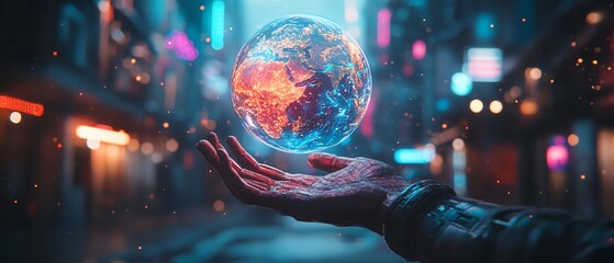 Leinwandbilder - 3D rendering of a glowing Earth hologram floating above a hand, with neon lights and cyberpunk aesthetics, creating a striking visual in vibrant detail