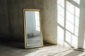 Wall Mural - An antique mirror standing on the floor by a white wall with sunlight shining in