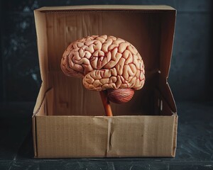 Poster - A human brain is placed on top of an open cardboard box, with a black background. The box appears to be made from brown paperboard material and has its lid slightly opened.
