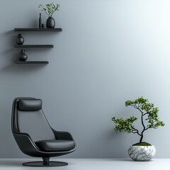 Poster - Front view of a 3D rendering showing a canvas mockup in a minimalist interior with an armchair and rustic decor.