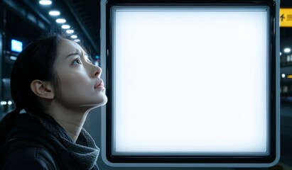 Aufkleber - A blank advertising light box at a bus shelter, an empty ad billboard mockup at a night bus stop, a template banner for a poster or sign set against a city street background, and an afisha board