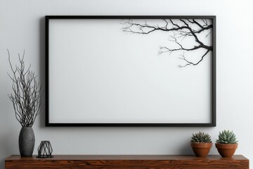 Poster - The Scandinavian room interior showcases a mock-up photo frame on a brown bamboo shelf, complemented by attractive plants in various hipster and designer pots. White walls contribute to a modern and