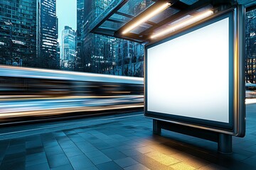Aufkleber - A night scene featuring a bright advertising lightbox or display at a bus stop in Barcelona, Spain.
