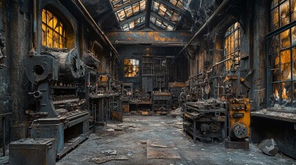 Canvas Print - Fire-Damaged Workshop Interior with Visible Machinery and Windows