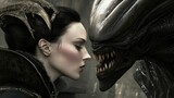 A woman faces a menacing alien creature in a tense, dramatic encounter, AI