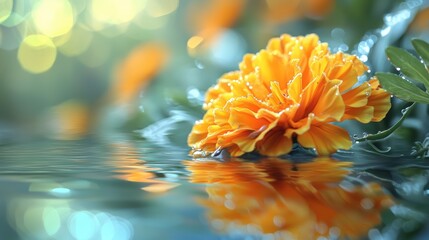 Sticker - Vibrant orange marigold flower reflecting on water