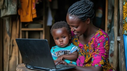 Mother and Baby Using Laptop in Simple Home