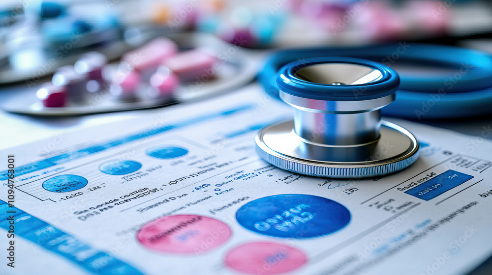 A blue stethoscope is on top of a piece of paper with a graph on it ...