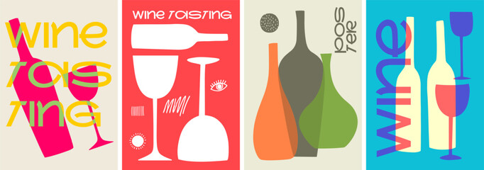 Wall Mural - A playful set of wine posters with bright colors, modern typography, and abstract bottle and glass illustrations, perfect for wine tasting events and branding.