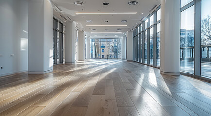 Fototapete - Empty office space with a lot of natural light and wood as a texture.
