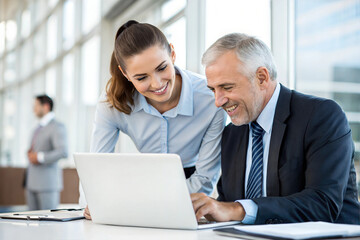 Team of two executives working together using laptop in office. 