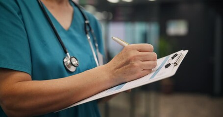 Wall Mural - Person, nurse and hands writing with document for medical prescription, patient records or insurance at hospital. Japan, closeup or healthcare with notes or filling health form, survey or application