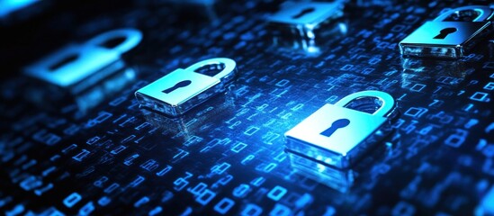 Digital security concept Padlocks on binary code background.