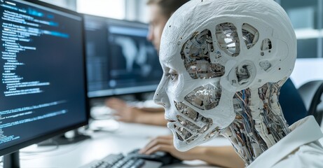 at a call center, a robot is typing on a keyboard among employees, representing the future it team. 