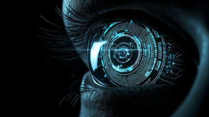 Fototapete - The human eye's multicolored iris animation concept. Post-flash, rainbow lines disperse from a bright binary circle, forming a three-dimensional iris and pupil. Background rendered in 3D, 4K