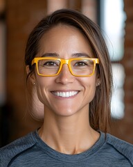 Wall Mural - Smiling woman with yellow glasses in a cozy indoor setting