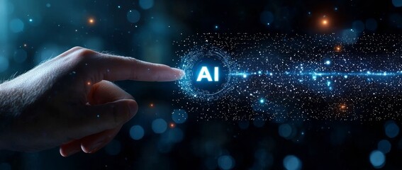 Fototapete - A businessman employs a laptop and AI, utilizing a stock AI application to optimize work efficiency, accessing data over the network, and incorporating Machine Learning and Deep Learning for advanced