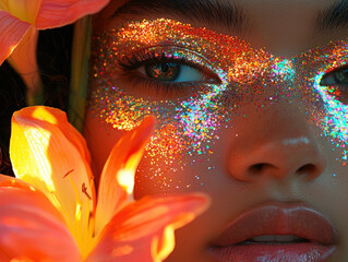 Canvas Print - Close up of face adorned with colorful glitter and surrounded by vibrant flowers, showcasing unique and artistic beauty. sparkling effect enhances emotional expression