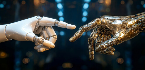 Poster - A 3D image showing a white cyborg finger on the verge of touching a human finger.