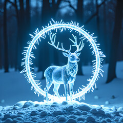 Wall Mural - radiant frosted stag illuminated in a glowing snowy forest circle, digital art of fantasy illustrati