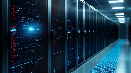 Poster - A working data center brimming with rack servers and supercomputers, symbolizing current telecommunications and cutting-edge supercomputer technology, presented in a conceptual 3D image.