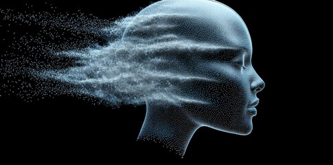 Poster - A 3D depiction of a woman's face against a dark blue tech backdrop, illustrating the ideas of big data, stock market, machine learning, and cyber mind domination.