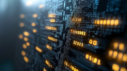 Fototapete - The futuristic blockchain concept, presented in a 3D rendering, illustrates the transfer of big data through interconnected blocks, showcasing the flow of binary code in advanced information