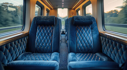 Aufkleber - New Luxurious navy blue velvet-upholstered seats plush cushioning, elegant stitching inside commuter rail.