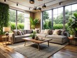 © DigitalArt Max - Cozy Modern Living Room Surrounded by Lush Greenery with Plush Sectional Sofa and Wooden Coffee Table